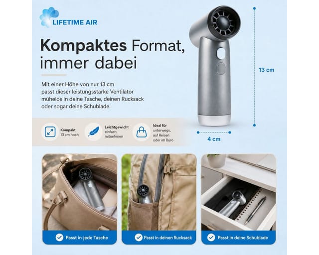 LIFETIME AIR USB-Handventilator 3 Geschwindigkeiten, 1100mAh, silber