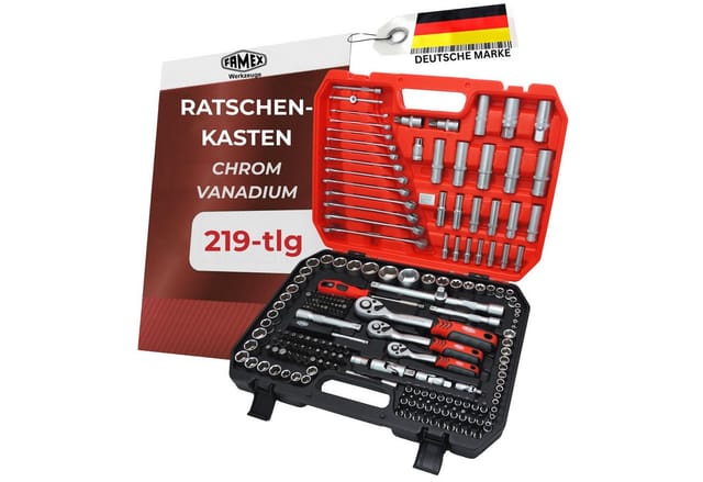 FAMEX Werkzeugset 555-50 Profi Steckschlüsselsatz 219-tlg, (Werkzeugkasten, Ratschenkasten 1/2", 1/4", 3/8), aus CV-Stahl, Auto, Motorrad, Fahrrad