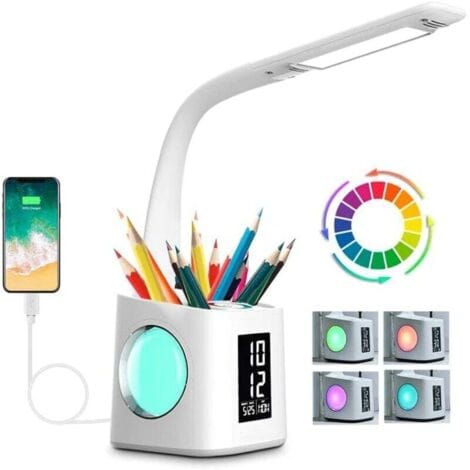 Pair Dimmbare Led-schreibtischlampe, Kinder-nachttischlampe Mit Farbigem Nachtlicht, Usb-ladeanschluss, 3 Helligkeitsstufen/stifthalter/lcd-display/uhr/wecker/kalender/thermometer