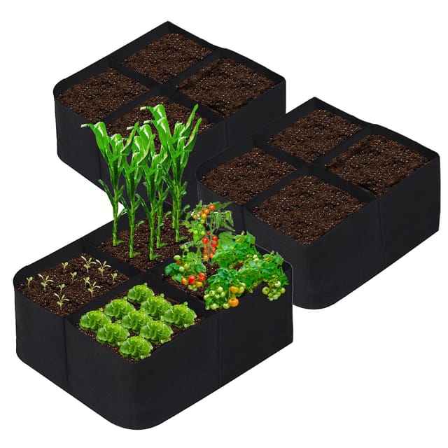 Set Aus 3 Hochbeeten Aus Stoff Für Den Außenbereich, 6,1 X 6,1 M, 4 Fächer, Atmungsaktive Pflanzsäcke Für Pflanzen, Gemüse, Kartoffeln, Blumen Und Andere Anbaumaterialien.
