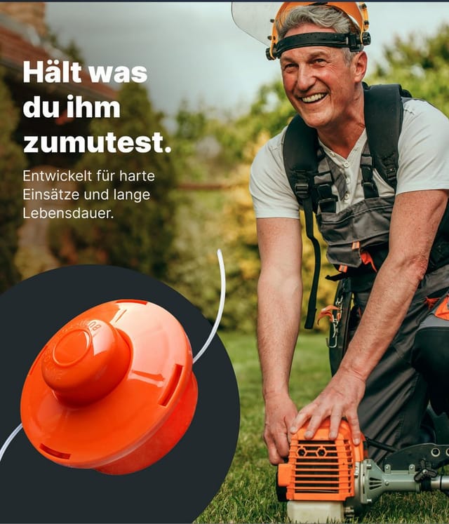 NEMAXX Fadenspule 1x FS1 Fadenkopf Doppelfaden Tap & Go Tippautomatik M10x1,25 LH 2,0mm, (Trimmerkopf für Motorsense / Freischneider–Schnittkreis 380 mm–Orange), drehzahlfest bis 10.500 U/min, effizientes Trimmen, bruchsicher