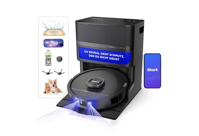 Shark Saugroboter Shark PowerDetect UV Reveal 2-in-1 Saug- und Wischroboter RV3000XEEU, 650 W, beutellos, UV-Reveal-Technologie, 8 PowerDetect-Technologien