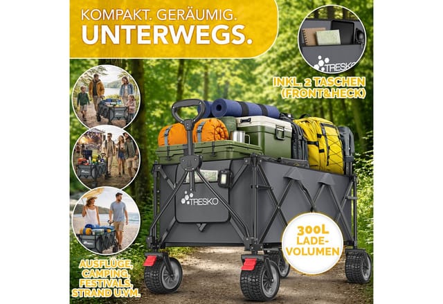TRESKO Bollerwagen Bollerwagen faltbar 300L mit Bremse Handwagen klappbar 150kg (inkl. Vollgummireifen Faltbarer Strandwagen mit Extra Breite All-Terrain-Räder, Gartenwagen Transportwagen mit Tragetasche)