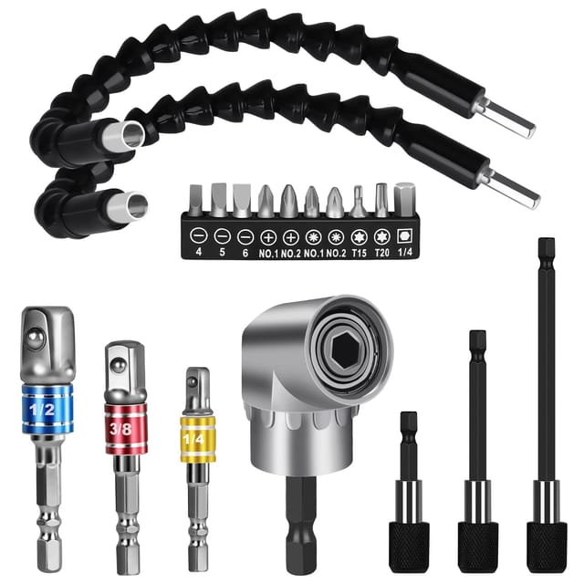 Set Mit 19 Flexiblen Bohrerverlängerungen, 105°-winkelbohradapter Mit Sechskantschaft, Set Mit 3 Universaladaptern Für 1/4", 3/8" Und 1/2" Steckschlüssel, Set Mit 3 Bohrerverlängerungen Und Schraubend