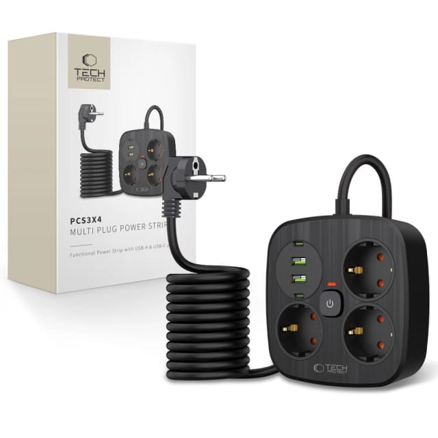 Tech-protect Pcs3x4 Steckdosenleiste, 3 Steckdosen, 2x Usb-a, 2x Usb-c, 200 Cm – Schwarz
