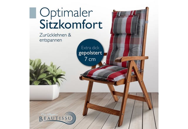 2x Gartenstuhlauflage Hochlehner 120x50x7cm, Grau-rot-hellblau-kariert