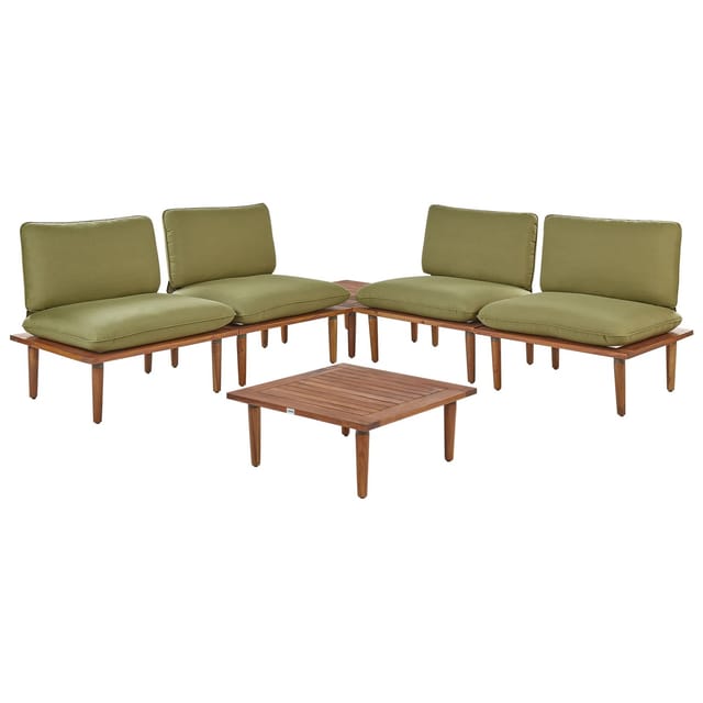 Lounge Set Hellbraun Akazienholz 5-teilig 4 Sessel Mit Couchtisch Auflagen Olivgrün Modern Outdoor Terrasse Balkon Gartenset Gartenmöbel Set
