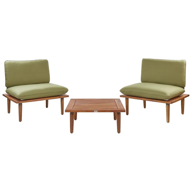 Lounge Set Hellbraun Akazienholz 3-teilig 2 Sessel Mit Couchtisch Auflagen Olivgrün Modern Outdoor Terrasse Balkon Gartenset Gartenmöbel Set