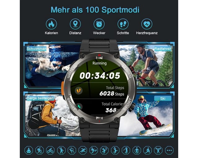 blackview 1,45'' Smartwatch Herren Militärqualität,960-mAh-Akku,100 Tage Standby Smartwatch (3,68 cm/1,45 Zoll, iOS/Android), IP68 Wasserdicht, Bluetooth-Anruf, Herzfrequenz,Uhr für Android/iOS