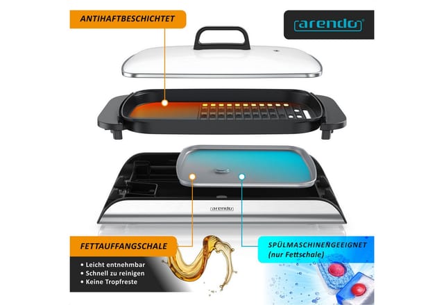 Arendo Tischgrill Elektrogrill, Glasdeckel, Edelstahl, extrastark, Antihaftbeschichtet, 2000 W, stufenlose Temperaturregelung, für Balkon, Garten & Indoor