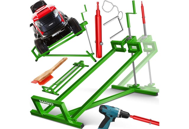 MASKO® XXL Rasentraktorheber 450 kg Hebevorrichtung Hebebühne Aufsitzmäher – Rasentraktor Heber, 45° verstellbar, universal Reinigungshilfe mit Zubehör & Adapter (je nach Wahl)