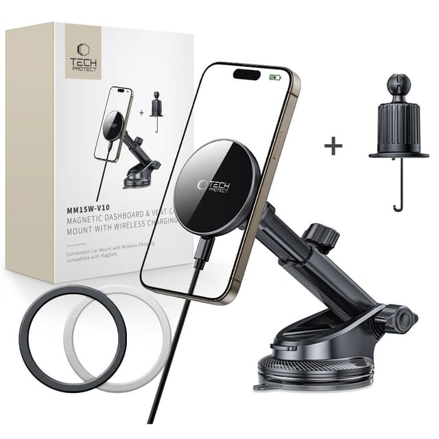 Tech-protect Mm15w-v10 Magnetisches Magsafe Auto-ladegerät Für Armaturenbrett Und Lüftungsschlitze, Kabellos, 15 W, Schwarz