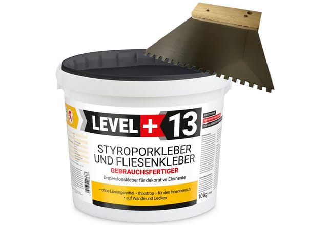 Level+ Styroporkleber Dispersionkleber Dekor L+13 - 10kg + Zahnspachtel 4mm