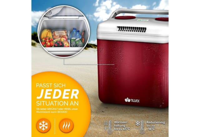 Tillvex Kühlbox Elektrisch 32l Rot Mini-kühlschrank 230 V Und 12 V Für Kfz Auto Camping Kühlt & Wärmt Eco-modus