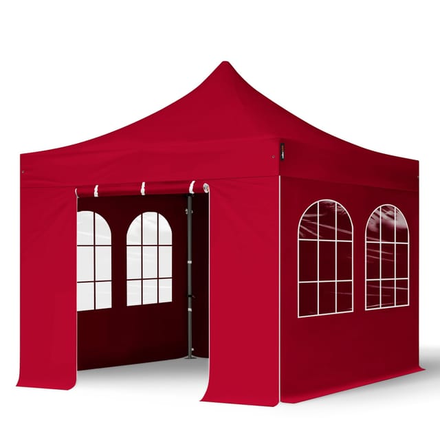 3x3 M Faltpavillon, Premium Stahl 40mm, Seitenteile Mit Sprossenfenstern, Rot