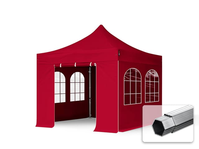 3x3 M Faltpavillon Professional Alu 40mm, Seitenteile Mit Sprossenfenstern, Rot