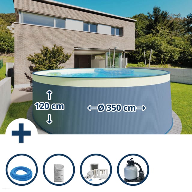 Stahlwandpool Set (5-teilig) Rund 350 X 120 Cm, Stahl 0,4 Mm Anthrazit Folie 0,3 Mm Sand