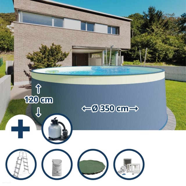 Stahlwandpool Set (6-teilig) Hoch Rund 350 X 120 Cm, Stahl 0,4 Mm Anthrazit Folie 0,3 Mm Sand