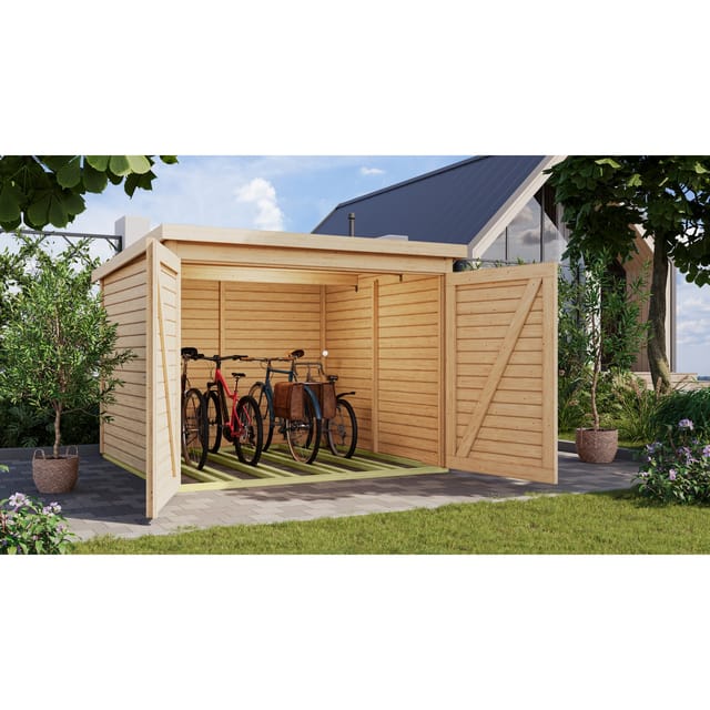 Fahrradgarage aus Fichtenholz mit 4 Stellplätzen in natur oder terragrau
