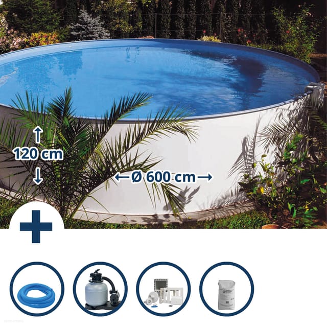 Stahlwandpool Set Rund Bermuda 600x120 Cm, Stahl 0,6 Mm Weiß, Folie 0,6 Mm Blau, Einhängebiese