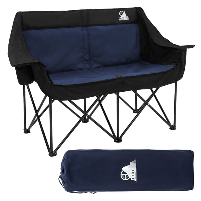 Ecd Germany Campingstuhl Faltbar Für 2 Personen, Campingsofa 2-sitzer Mit Stahlgestell, Blau, Doppel Klappstuhl Mit Tasche/getränkehaltern, Faltsofa Gepolstert, Campingcouch Für Outdoor Camping Angeln