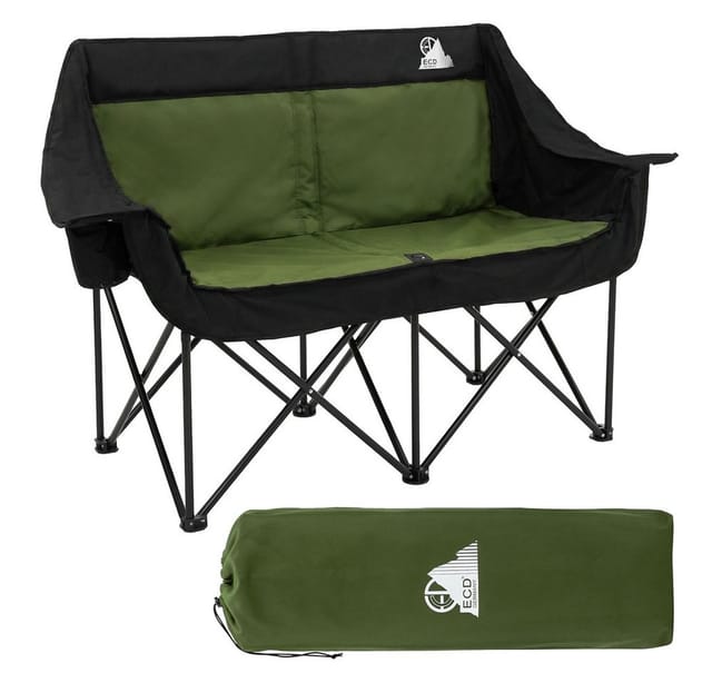 Ecd Germany Campingstuhl Faltbar Für 2 Personen, Campingsofa 2-sitzer Khaki Mit Stahlgestell, Doppel Klappstuhl Mit Tasche/getränkehaltern, Faltsofa Gepolstert, Campingcouch Für Outdoor Camping Angeln