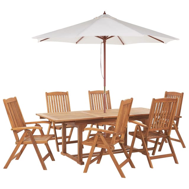 Gartenmöbel Set Mit Sonnenschirm Hellbraun Akazienholz 6-sitzer 8-teilig Ausziehbarer Tisch Outdoor Garten Terrasse Balkon Ausstattung Möbel