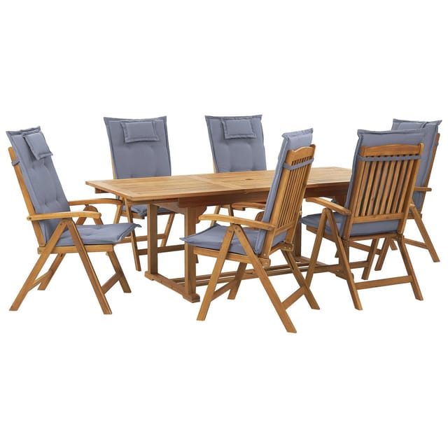 Beliani Gartentisch Set JAVA Heller Holzfarbton Blau 90x220x105