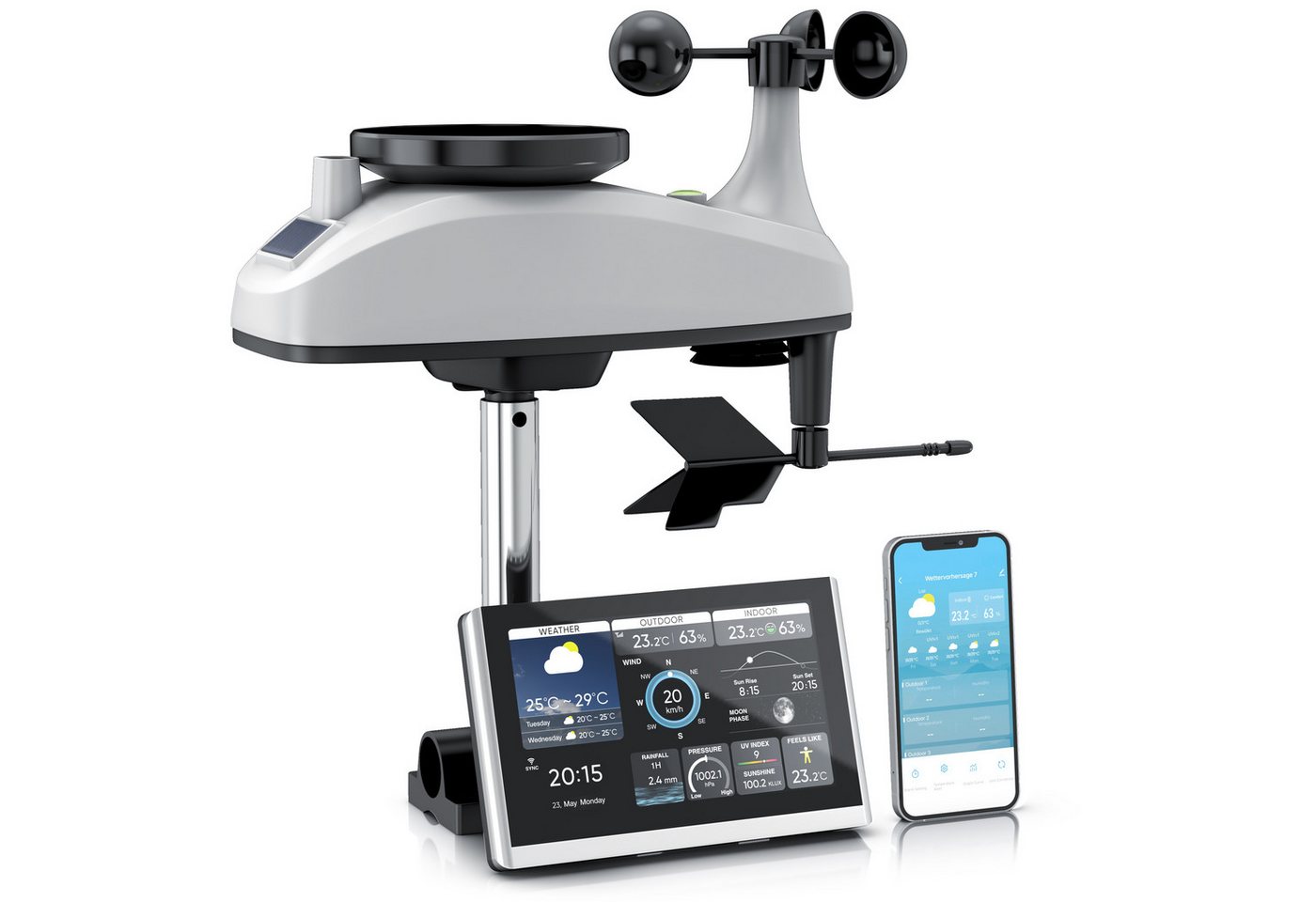 Brandson WIFI / Wlan, mit 7in1 Funk Außensensor, Barometer, Tuya Smart App Wetterstation (mit Außensensor (Temperatur, Luftfeuchtigkeit, Wind, Regen, Luftdruck), Wecker, Wetter Prognose, Temperaturtrend, UV, Mondphase)