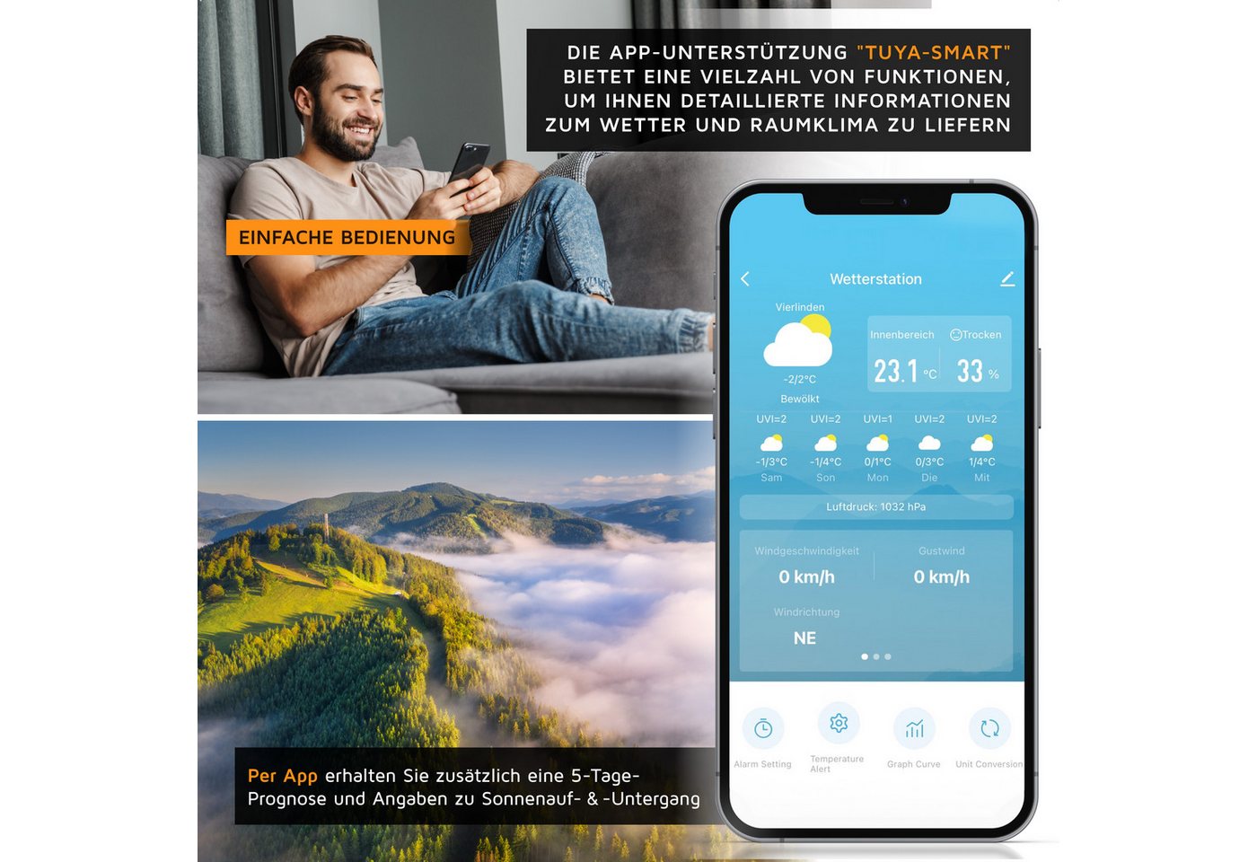Brandson WIFI / Wlan, mit 7in1 Funk Außensensor, Barometer, Tuya Smart App Wetterstation (mit Außensensor (Temperatur, Luftfeuchtigkeit, Wind, Regen, Luftdruck), Wecker, Wetter Prognose, Temperaturtrend, UV, Mondphase) Bild 2