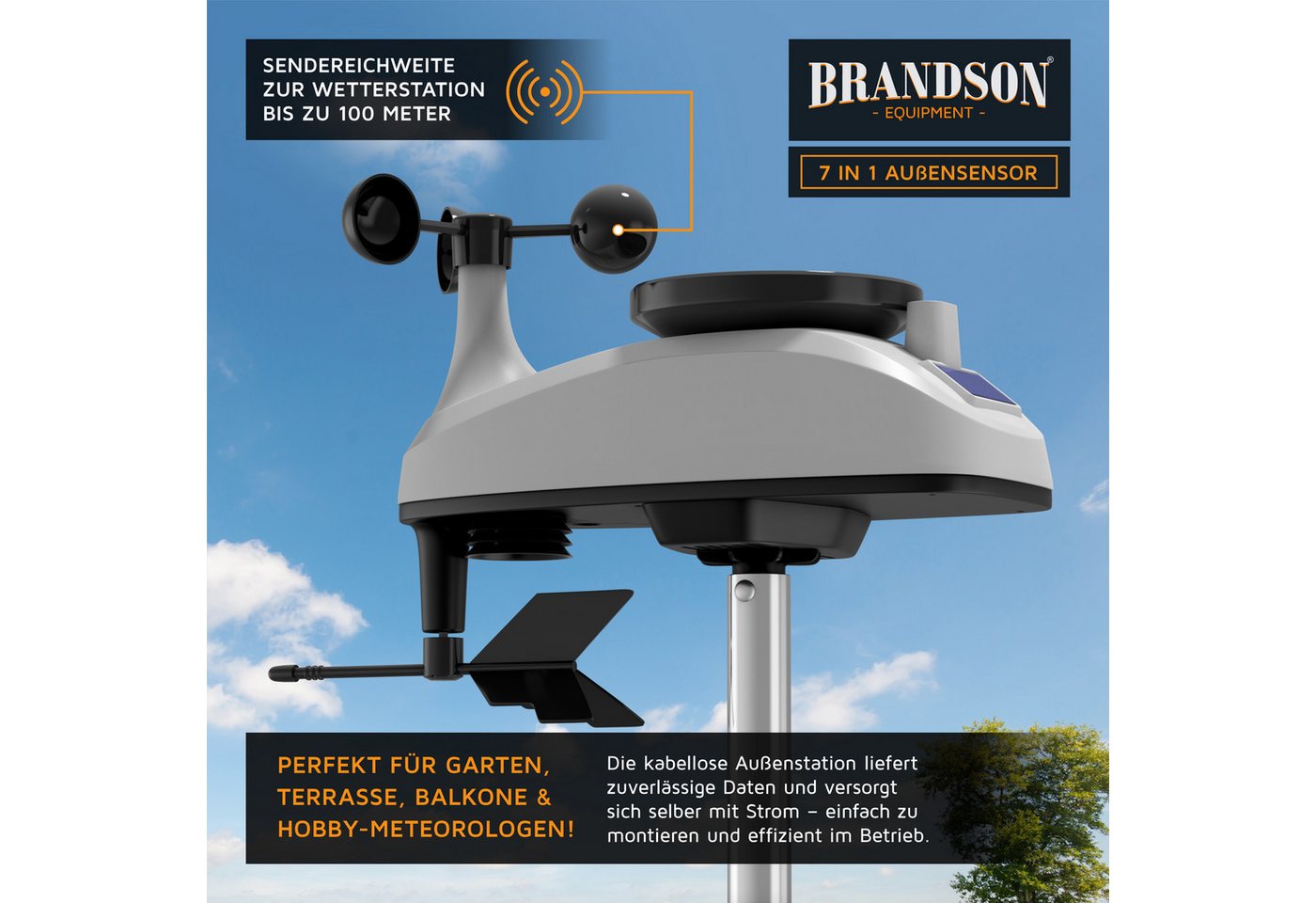 Brandson WIFI / Wlan, mit 7in1 Funk Außensensor, Barometer, Tuya Smart App Wetterstation (mit Außensensor (Temperatur, Luftfeuchtigkeit, Wind, Regen, Luftdruck), Wecker, Wetter Prognose, Temperaturtrend, UV, Mondphase) Bild 3