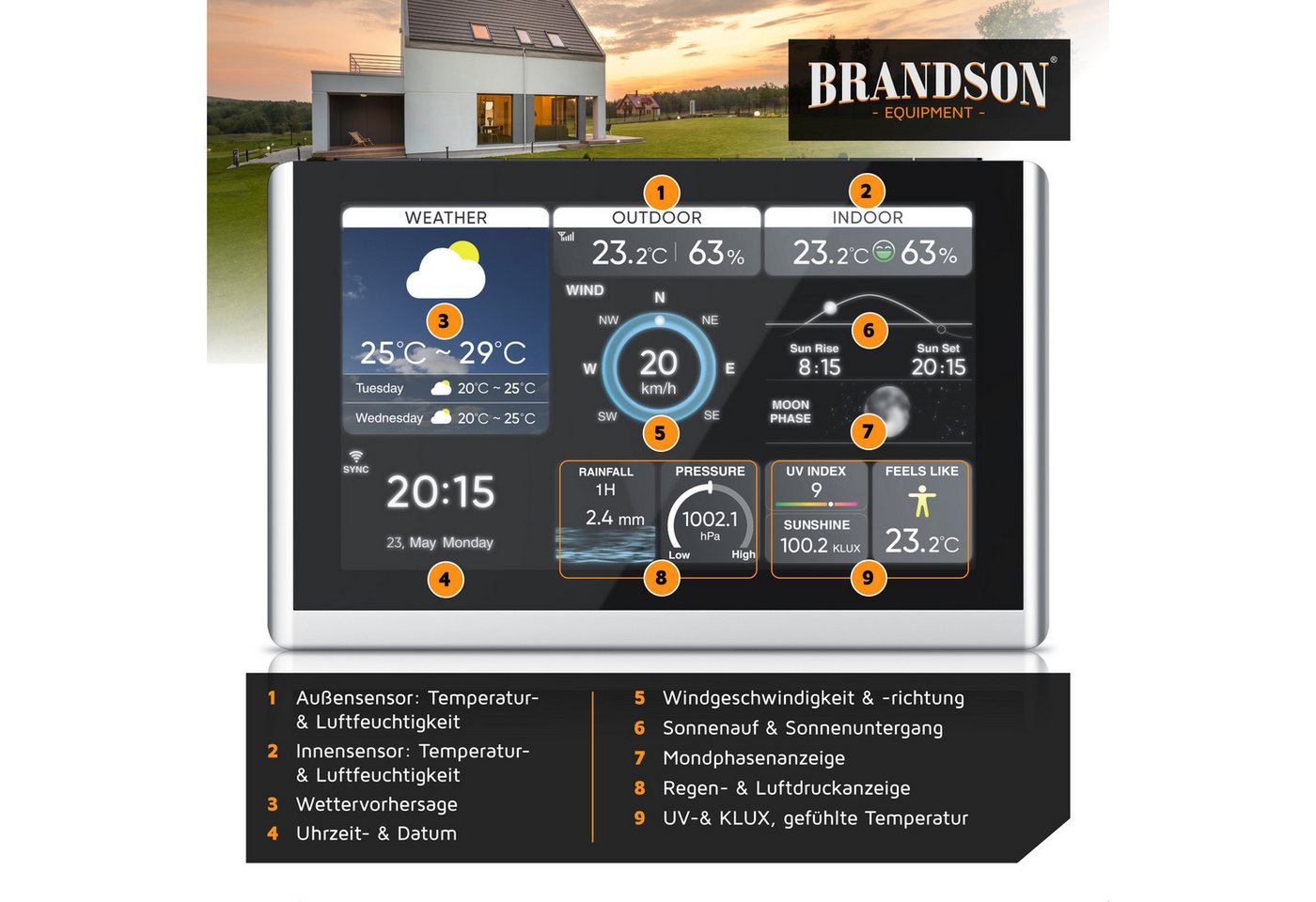 Brandson WIFI / Wlan, mit 7in1 Funk Außensensor, Barometer, Tuya Smart App Wetterstation (mit Außensensor (Temperatur, Luftfeuchtigkeit, Wind, Regen, Luftdruck), Wecker, Wetter Prognose, Temperaturtrend, UV, Mondphase) Bild 4
