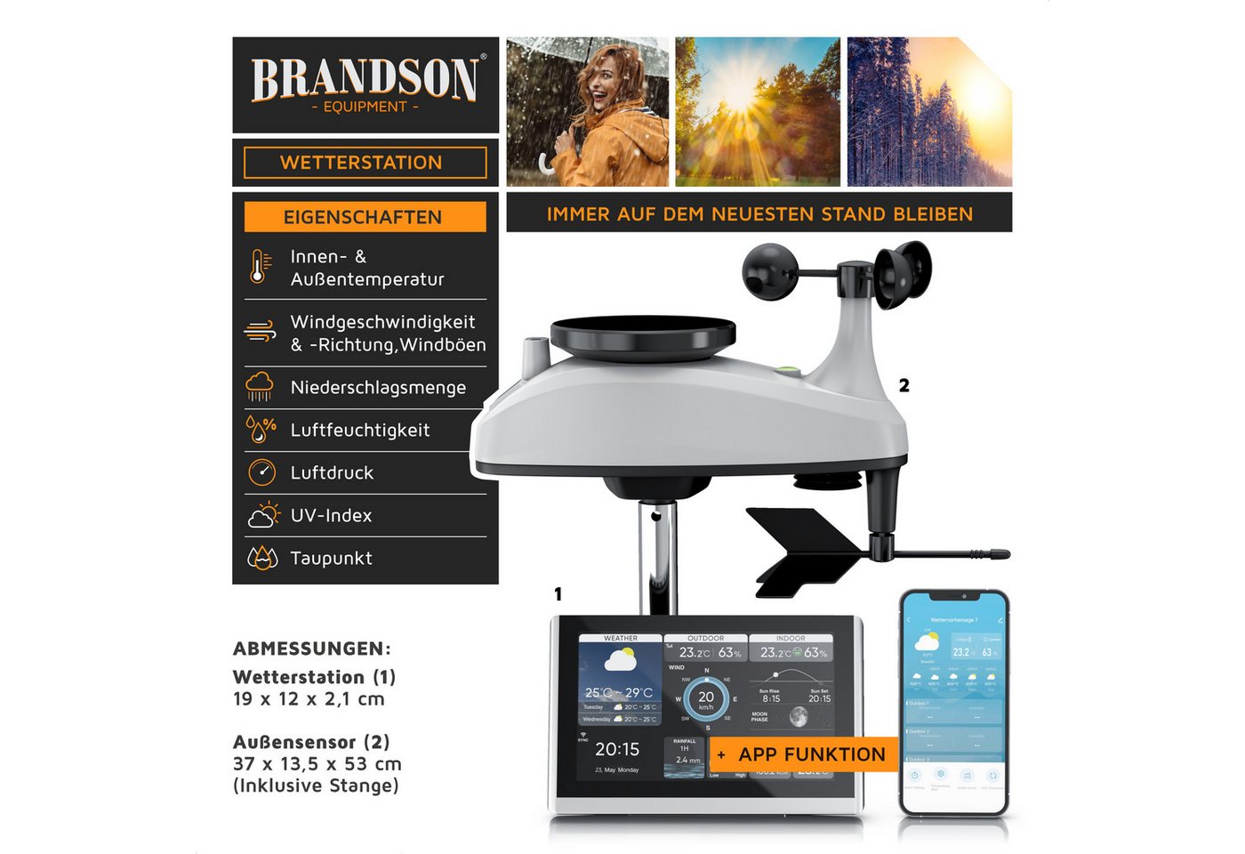Brandson WIFI / Wlan, mit 7in1 Funk Außensensor, Barometer, Tuya Smart App Wetterstation (mit Außensensor (Temperatur, Luftfeuchtigkeit, Wind, Regen, Luftdruck), Wecker, Wetter Prognose, Temperaturtrend, UV, Mondphase) Bild 5