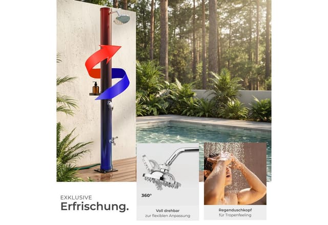 tectake Gartendusche Solardusche - umweltfreundlich mit 360° Regenduschkopf (Freiluftdusche Tinto, 1 St., in Schwarz), Stufenlos einstellbare Einhebelmischbatterie
