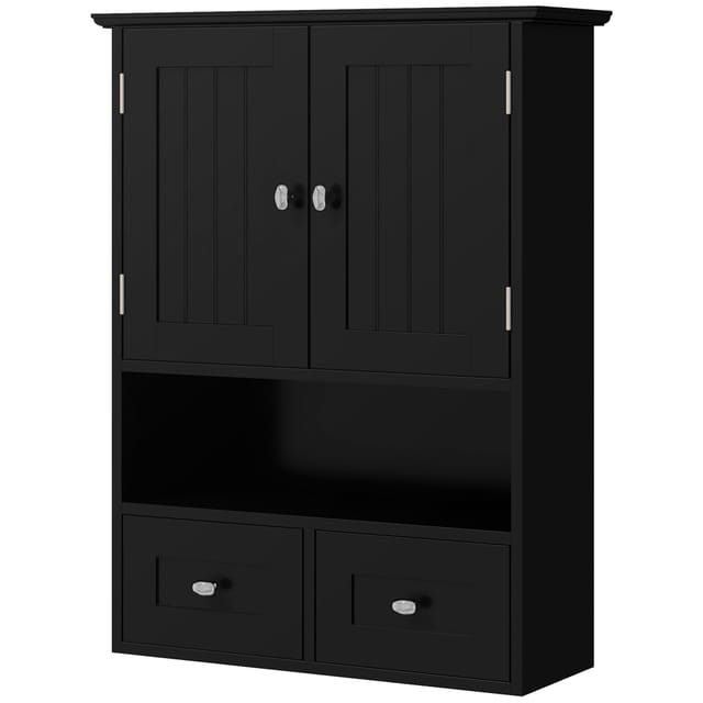 Wandhängender Badezimmerschrank, Hängeschrank Mit 2 Türen Und 2 Schubladen, 50,8 X 17,8 X 66 Cm, Schwarz