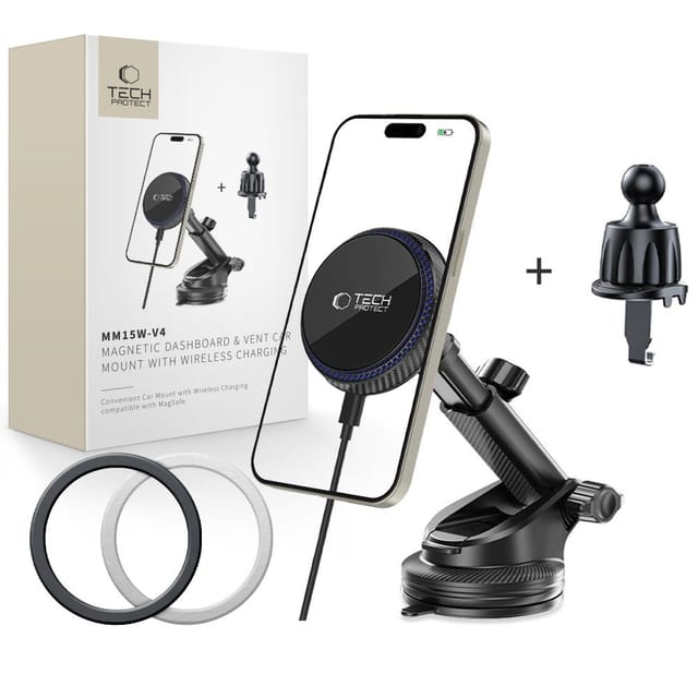 Tech-protect Mm15w-v4 Magnetisches Magsafe Auto-ladegerät Für Armaturenbrett Und Lüftungsschlitze, Kabellos, 15 W, Schwarz