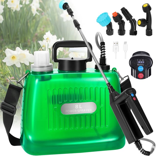8l Gartensprüher, Elektrischer Akku-drucksprüher Mit 4 Verstellbaren Düsen, Batteriestandsanzeige, 3 Einstellbare Geschwindigkeiten, Usb Wiederaufladbar Für Die Bewässerung