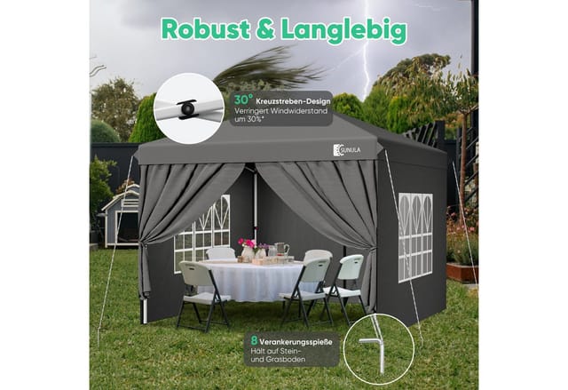 Sunula 3×3 M Faltpavillon Gartenpavillon – Wasserdichtes Partyzelt Mit 4 Seitenteilen Für Garten & Outdoor,grau