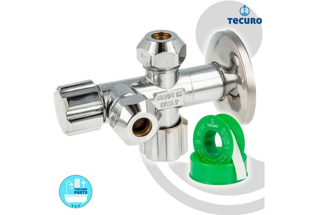 Tecuro Doppeleckventil Eckventil 1/2 Zoll (dn 15), Mit 2 X Qv Ø 8 Mm / 1/2 Zoll Abgängen, Einzeln Absperrbar - Messing Verchromt