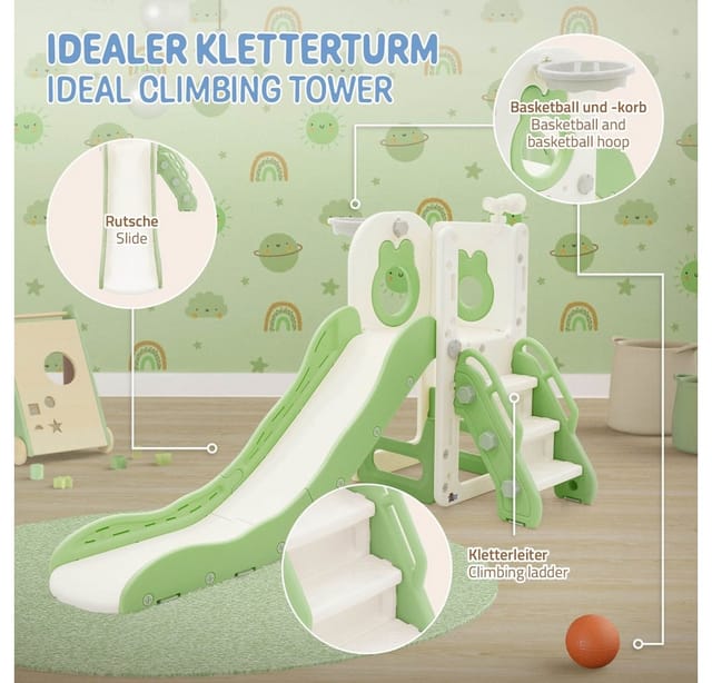 Joyz 3in1 Kinderrutsche Grün Kunststoff mit Spielturm & Basketballkorb
