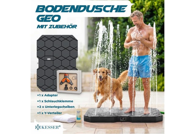 KESSER® Bodendusche Geo Gartendusche, Dusche für alle - Groß, Klein & Vierbeiner, Rutschfest, UV- & Wetterfest, Rostfrei & Schimmelresistent, Steuerung über Fußrad, Inklusive Zubehör
