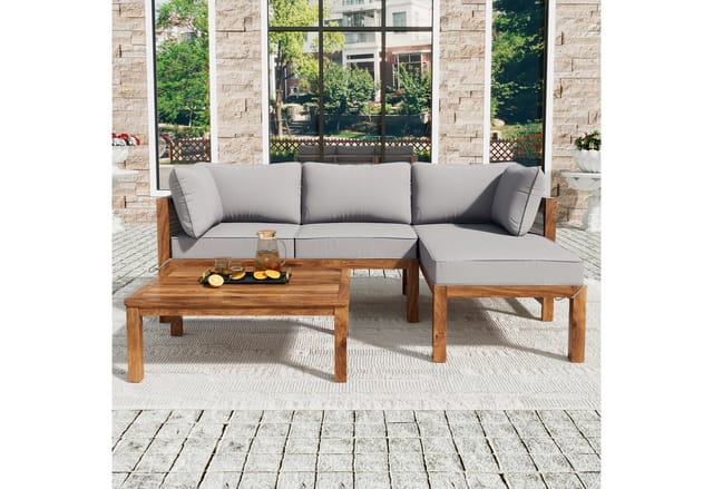 Flieks Gartenlounge-Set, 4-Sitzer L-förmiges Gartenmöbel, 2 Sofas mit 1 Tisch aus Akazienholz