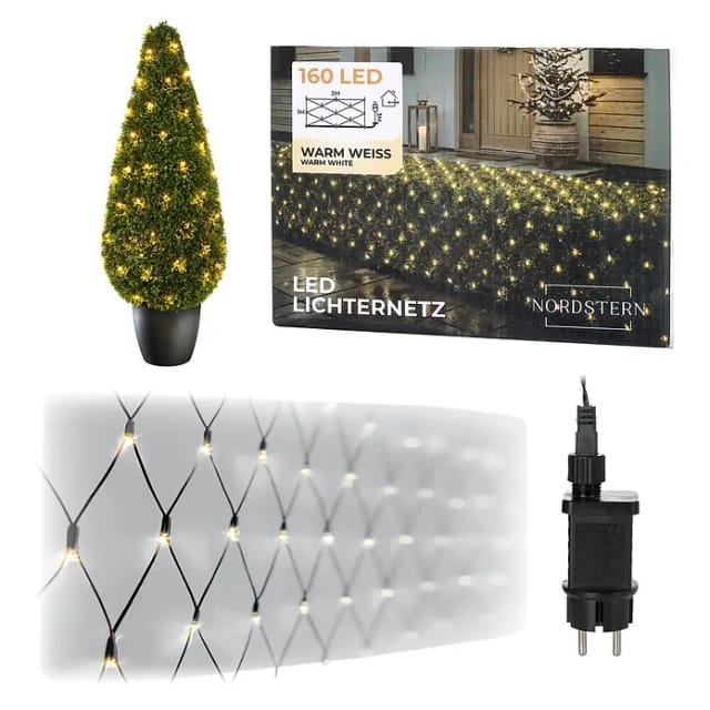 Nordstern LED-Lichterkette WarmWeiß von 24 bis 1.200 LED Weihnachtsdeko für Innen und Außen, Lichternetz mit Stecker 160 LED - 2x1 m für Weihnachtsbaum / Sträucher