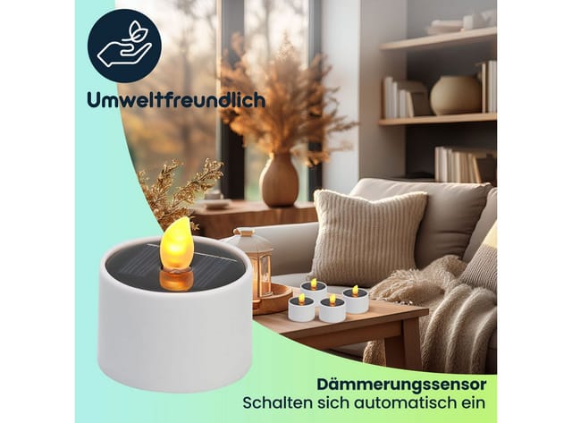 Casativo LED-Teelichter Solar-LED Teelichter IP44 bis 8 St. mit Dämmerungssensor Kabellos, LED fest integriert, warmweiß, Flammen-Effekt als Nachtlicht, ca. 8 Std. Leuchtdauer, Tagesaufladung