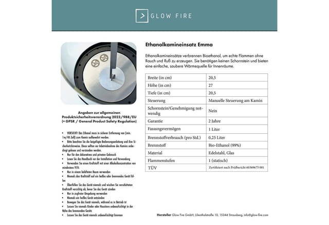 GLOW FIRE Echtfeuer-Dekokamin Emma Concept L Ethanolkamin, echte Flamme mit Wohnfühlfaktor, TÜV geprüfter Sicherheitsbrenner