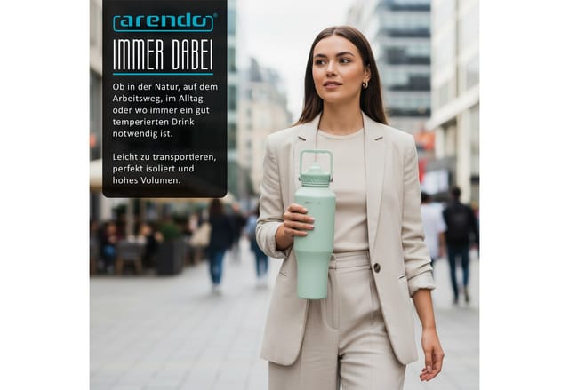 Arendo Thermobecher Travel Mug 1000 ml, Isolierbecher mit Strohhalm, 100% auslaufsicher, 1-tlg., Edelstahl, doppelwandig, Vakuum-Isolierung, dicht, Klappverschluss, Tragegriff