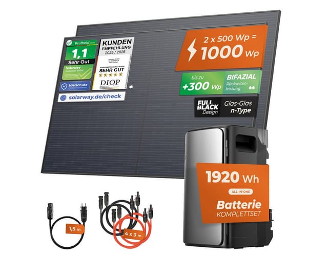 Solarway Balkonkraftwerk 1000Wp / 800W mit 1,9kWh Speicher komplett Steckdose, 1000 W, Monokristalline Halbzellen mit n-Type Technologie, (500W bifaziale Solarmodule & EcoFlow Speicher & Zubehör), 1,9 kWh EcoFlow Stream Max - Solaranlage Komplettset