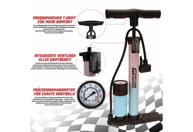 Pitlane Performance Standpumpe Fahrrad & Luftpumpe Auto Fahrradpumpe bis 11 Bar für alle Ventile, Professionelle Bike Pump & Air Pump Luftpumpe Fahrrad Pumpe