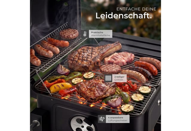 tectake Holzkohlegrill Grillwagen mit 2 Rädern, regulierbare Luftzufuhr, 110 x 64 x 104 cm, Standgrill Florian, in schwarz, mit Thermometer, Warmhalterost und klappbare Seitenablage mit 3 Haken