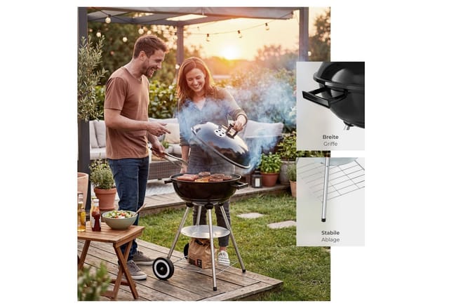 tectake Holzkohlegrill Kugelgrill - großer verchromter Rost & abnehmbare Ascheschale, Grillwagen, in schwarz/silber, leichtgängige Räder und regulierbare Luftzufuhr